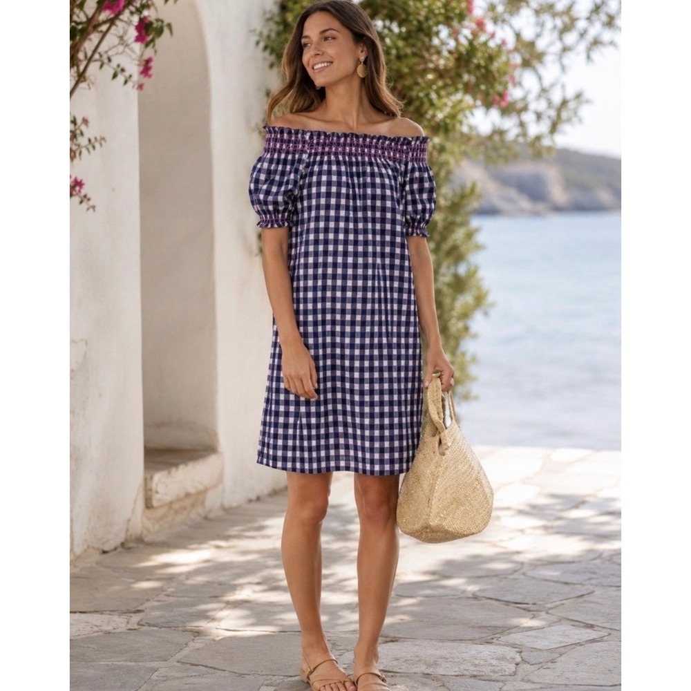 Tuckernuck TNuck Embroidered Bleu Check Toulon Dress Cover Up Navy Gingham XS
